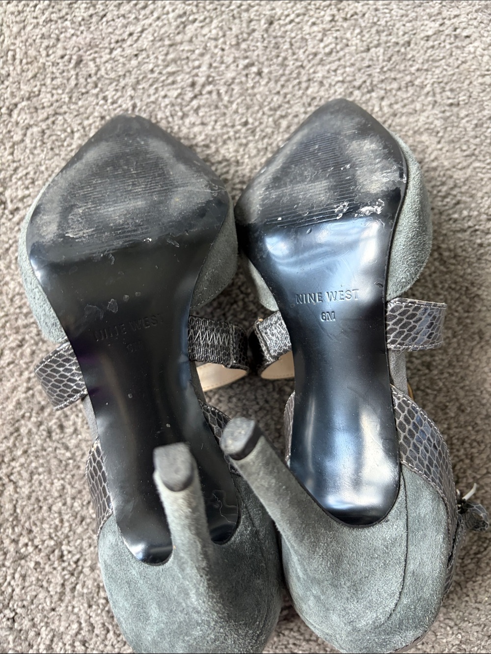 Nine West Pointed-Toe Suede Heels with Snakeskin Crisscross Straps - Gray - Picture 8 of 10